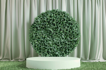 Fototapeta premium Minimalist Circular Green Foliage Display with White Curtains