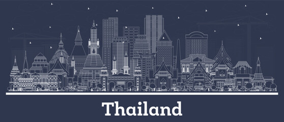 Outline Thailand City Skyline with white Buildings. Tourism Concept with Historic Architecture. Thailand Cityscape with Landmarks.