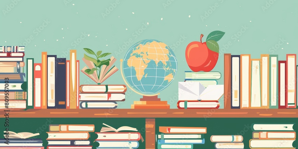 Poster a bookcase with a globe, apple, and a stack of books. concept of knowledge and learning, as well as 