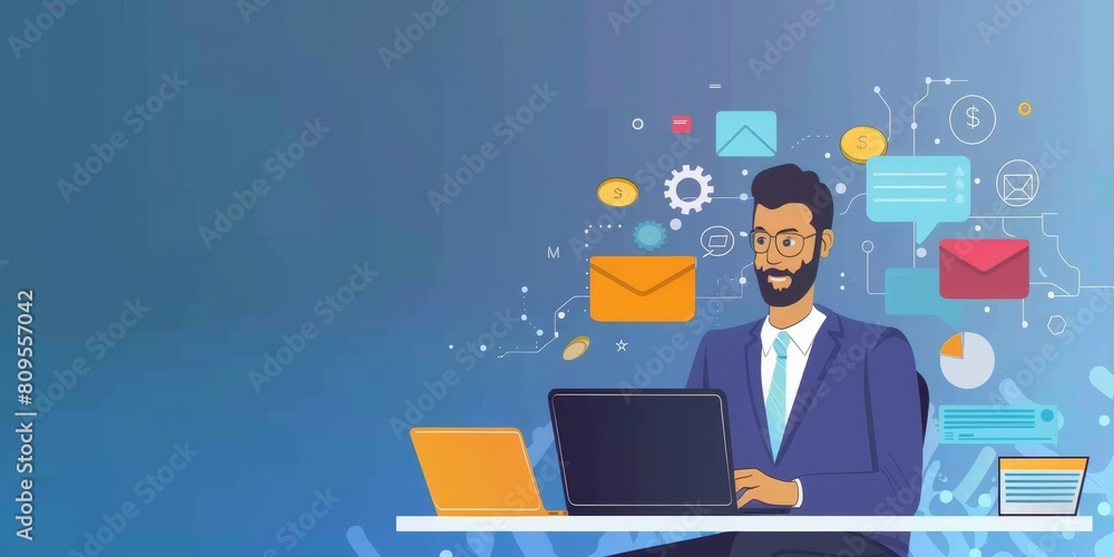Poster a man is sitting at a desk with a laptop and a computer monitor. he is wearing a suit and glasses. t