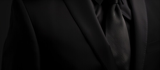 Close-up with emphasis on the black necktie part of the black suit.