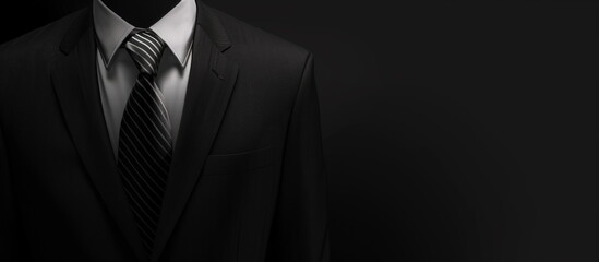 A black-and-white close-up photo of the upper part of a black suit, with a white shirt and a black tie, against a black background. Right copy space. 