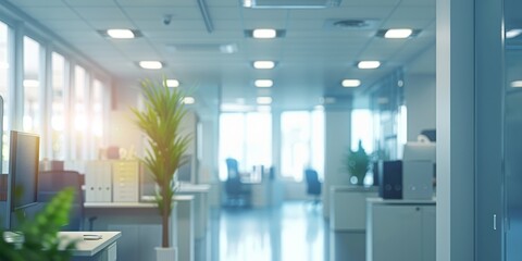 A large open office space with a lot of natural light and plants. The room is clean and organized, with desks and chairs arranged in a way that encourages collaboration and productivity