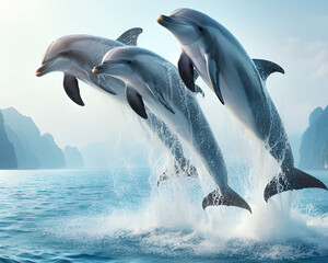 Photo dolphins jumping a wave in the ocean.