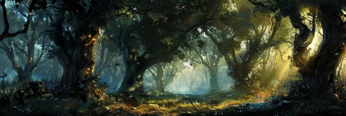 a serene forest scene featuring two brown trees, one large and one small, surrounded by lush greenery - Powered by Adobe