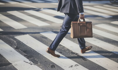 A close-up of the lower body of a man wearing a suit and holding a briefcase while crossing the pedestrian crossing. Generative AI