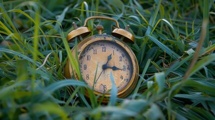 Vintage golden alarm clock partially hidden in vibrant green grass