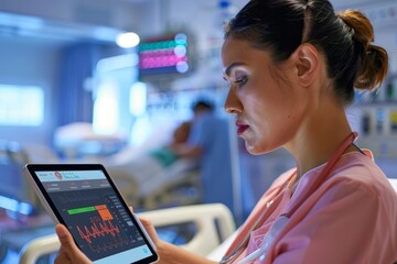 Nurse reviewing warning scores on digital tablet