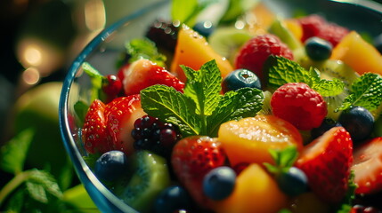 A close up of fresh fruit salad with mint leaves in a transparent glass bowl. Generative AI