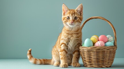 A cat is sitting on a table next to a basket of Easter eggs