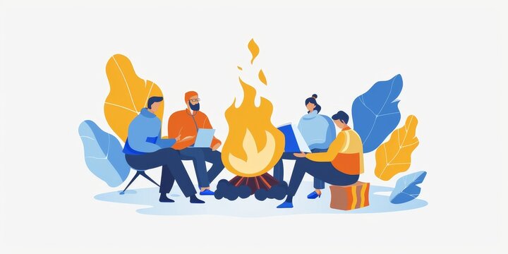 A group of people sitting around a fire, with one person holding a laptop. Scene is relaxed and social, as the group is gathered around the fire to spend time together