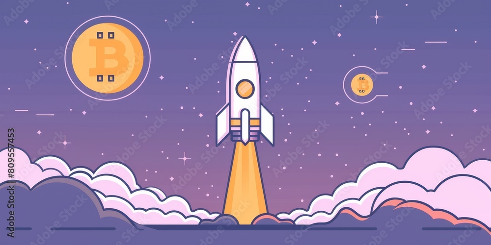 Poster a cartoonish drawing of a rocket launching into space with a large b on the side. the rocket is surr