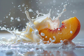 A slice of peach in a splash of milk. Peach yogurt or milkshake. Generated by artificial intelligence