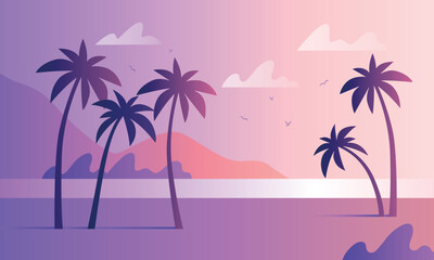 Evening on the beach with palm trees. An evening on the beach with palm trees. Colorful picture for rest. Blue palm trees at sunset. Orange sunset in the blue sky. Vector illustration	
