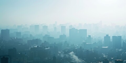 A city skyline with a foggy atmosphere. The city is covered in a thick layer of smog, making it difficult to see the buildings clearly. The sky is a pale blue color