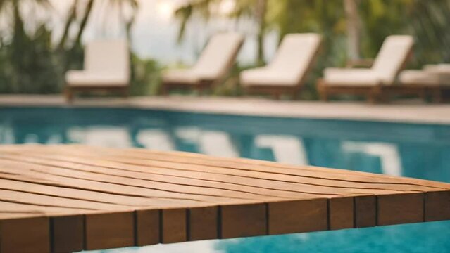 Wooden table pool bokeh background, empty wood desk product display mockup with blurry tropical hotel resort abstract poolside summer travel backdrop advertising presentation. Mock up, copy space