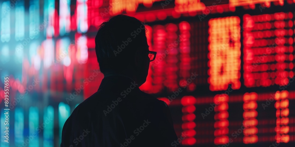 Poster a man is standing in front of a large screen with red numbers on it. he is wearing glasses and he is