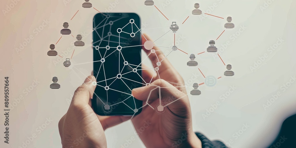 Poster a person is holding a cell phone and looking at a screen with a lot of lines and dots. concept of a 