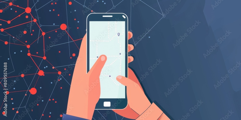 Poster a person is holding a cell phone and looking at a map. concept of technology and navigation, as well