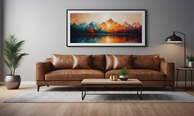 Shabby leather sofa near white wall with art painting poster. luxurious style home interior design of modern living room