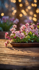 Garden Glow, Spring Blossoms on Wooden Table with Defocused Bokeh Lights.