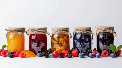 Five glass jars with different types of homemade jam lined up side by side isolated on white background. Pieces of fruit around a glass bottle. Homemade fruit syrup. Generative AI