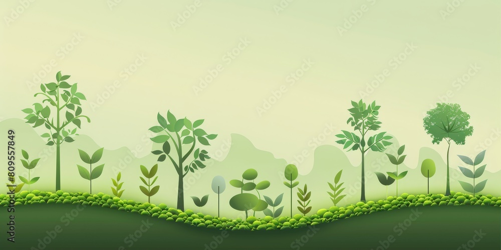 Poster a lush green forest with trees of various sizes and shapes. the trees are spread out across the land