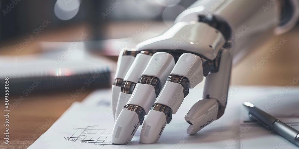 Poster a robot hand is touching a piece of paper. the robot is white and has a metallic look. the paper is 