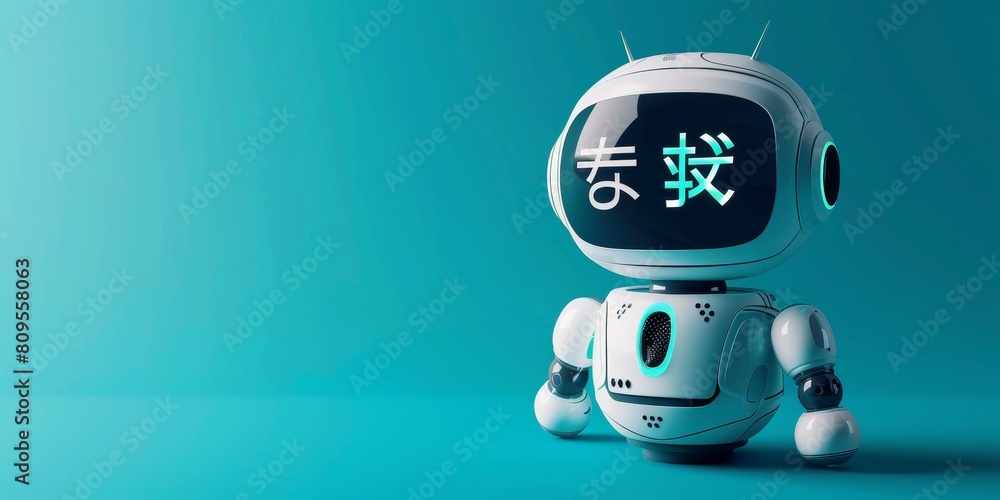 Poster a robot with chinese writing on its face stands in front of a blue background