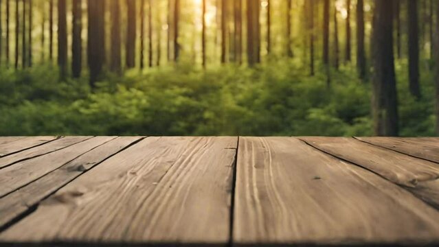 Wooden table green bokeh background, empty wood desk product display mockup with blurry green nature backdrop advertising presentation. Mock up, copy space