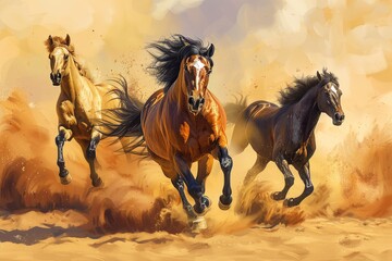 Three horses galloping in the desert