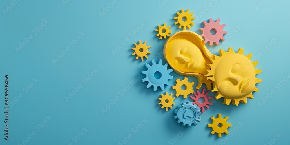 Poster a blue background with yellow and pink gears and faces. the faces are open and the gears are all dif