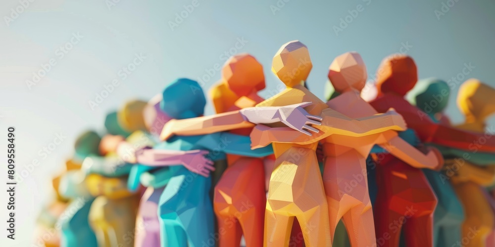 Poster a group of people are hugging each other in a circle. the people are of different colors and sizes, 