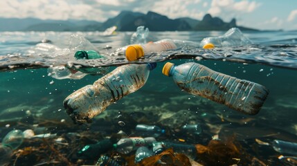 Splitview image depicting the alarming issue of plastic bottles polluting clear ocean waters