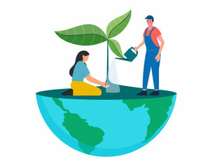 preserving and saving nature on Earth volunteers grow plants for environmental protection and reducing global warming negative effect vector illustration