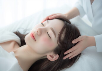 Close-up of the face of a young, beautiful Asian woman lying with her eyes closed on a white bed and receiving a massage. Generative AI