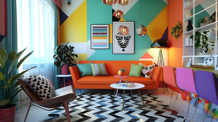 vibrant interior living room,  geometric patterns and bright colors prevail, orange sofa, multicolored chairs, eclectic decor, plants, artwork 