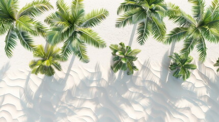 Several palm trees and their shadows standing on a white sandy beach. Top view. Generative AI