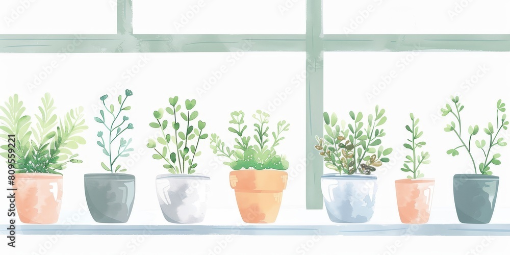 Poster a row of potted plants sit on a shelf, with some of them being taller than others. the plants are of