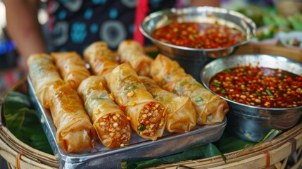 Thai spring rolls with sweet chili sauce, street food in Thailand.