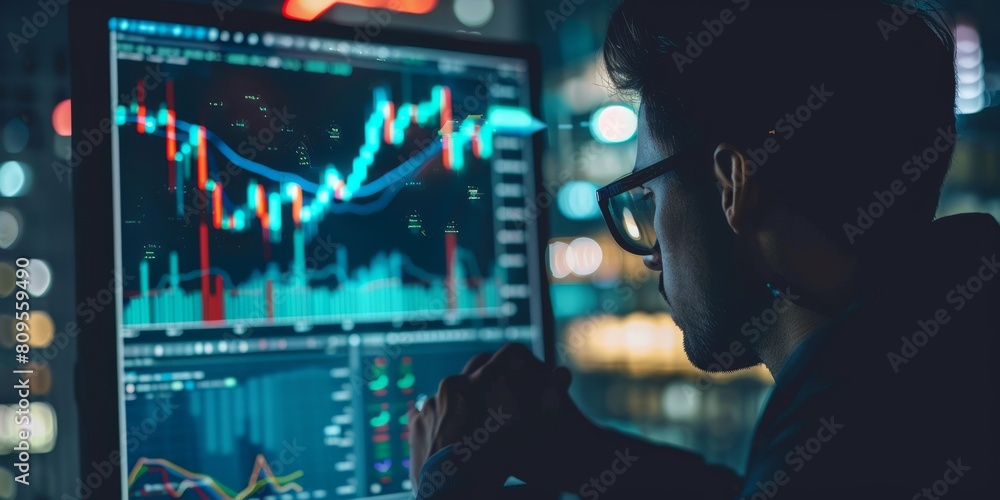 Poster a man is looking at a computer screen with a lot of numbers and graphs. he is wearing glasses and he