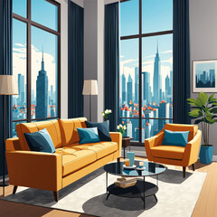 Modern Living Room Interior with City View - Flat Vector Design