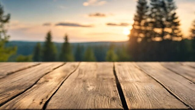 Wooden table green bokeh background, empty wood desk product display mockup with blurry green nature backdrop advertising presentation. Mock up, copy space