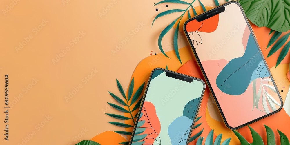 Poster two cell phones are displayed on a leafy background. the phones are placed in a way that they appear