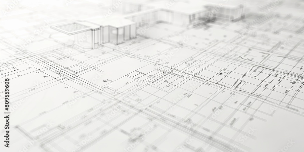 Poster a drawing of a building with many lines and dots. the drawing is in black and white