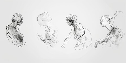 Four figures in a row, each with a different pose. The first figure is sitting, the second is standing, the third is leaning, and the fourth is holding a stick. Scene is one of movement and action