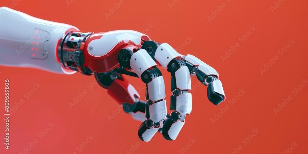 Poster a robotic hand is shown in red and white on a red background. concept of futuristic technology and t
