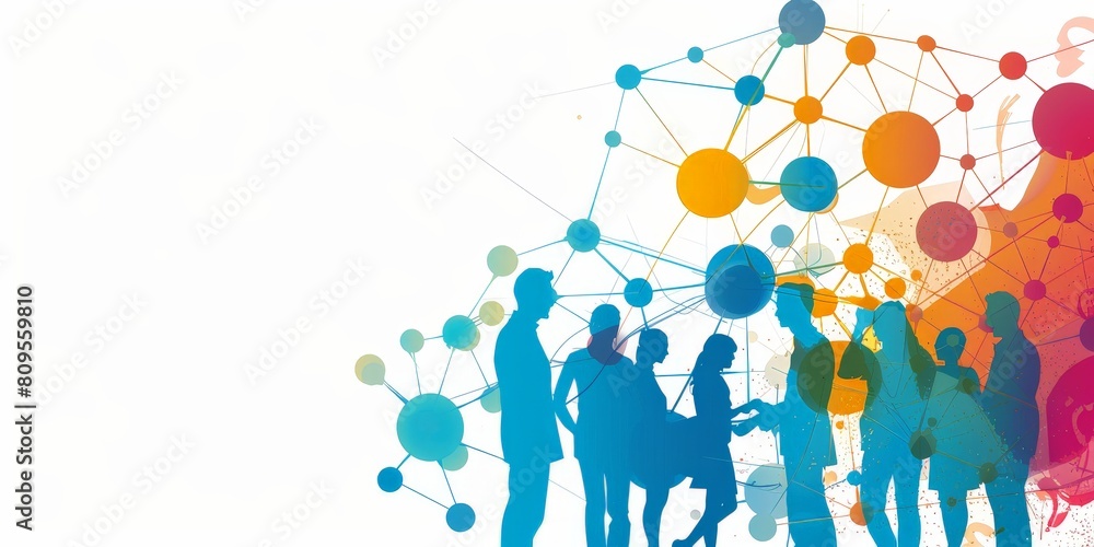 Aufkleber a group of people are shown in a network of circles. the people are shown in different colors and si