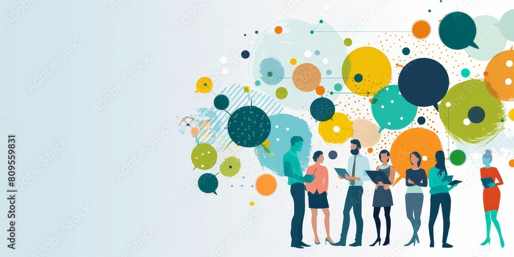 Poster a group of people are standing around a table with a book in front of them. concept of collaboration