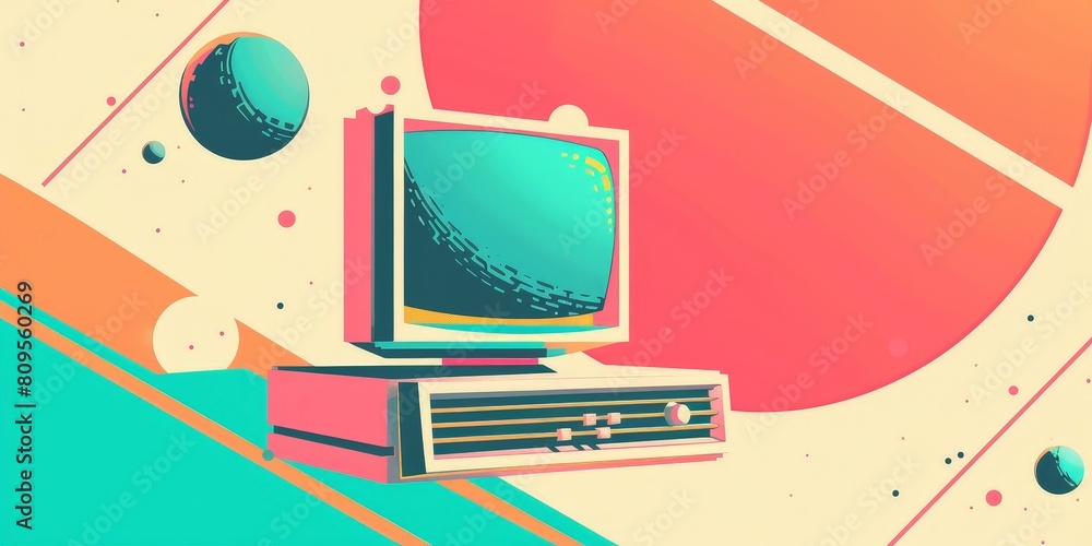 Poster a computer monitor is shown in a colorful background with a space theme. the computer monitor is the